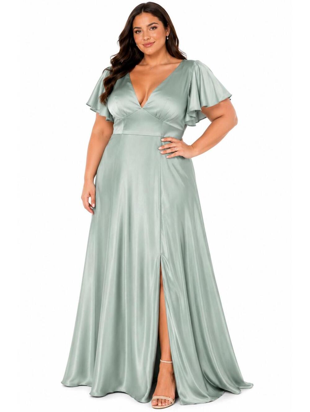 Azazie Seafoam Sage Satin Maxi Dress - Flutter Sleeves Formal Bridesmaid Gown